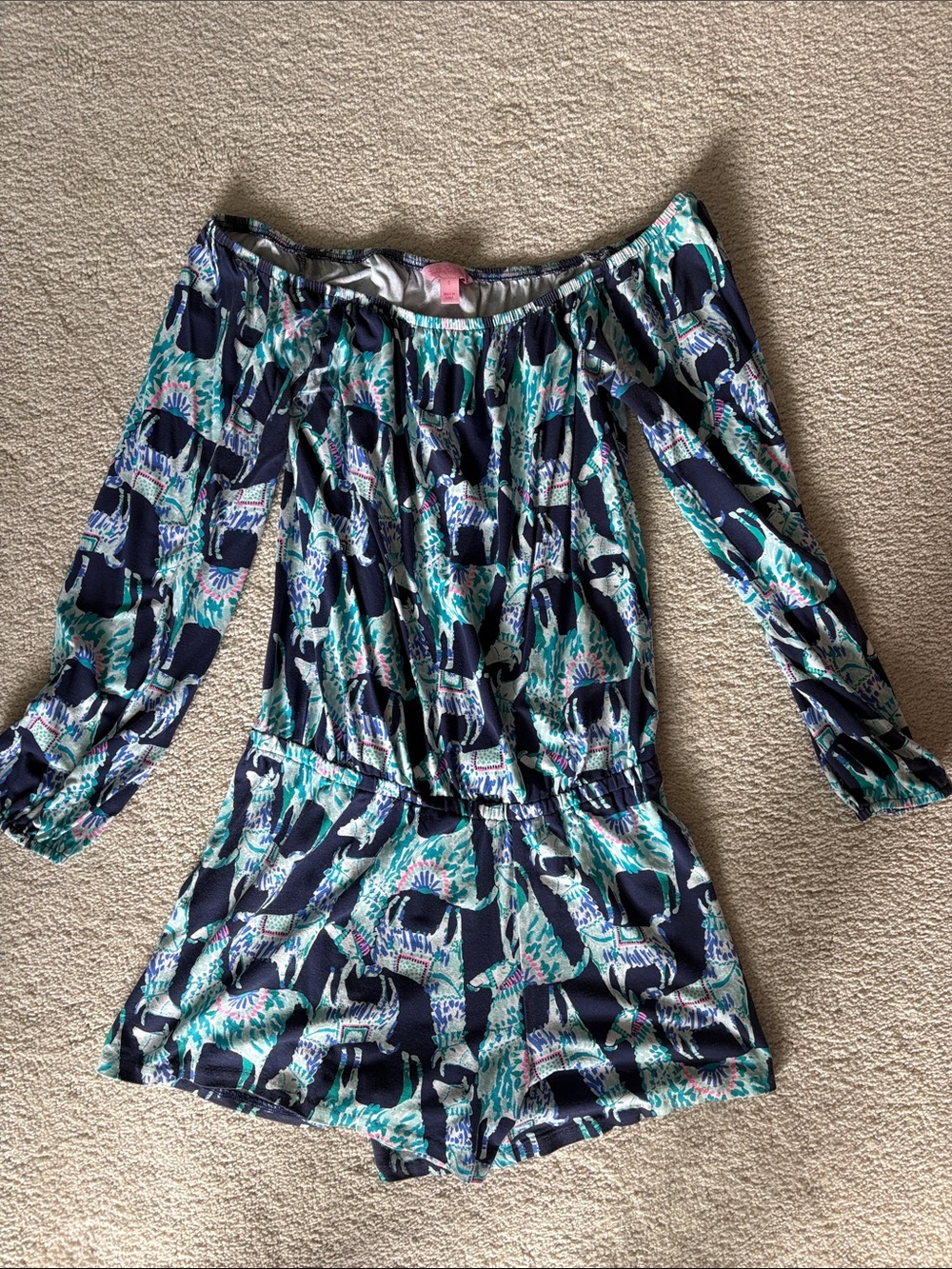 Lilly Pulitzer Navy, Teal & White Printed Off-Shoulder Romper